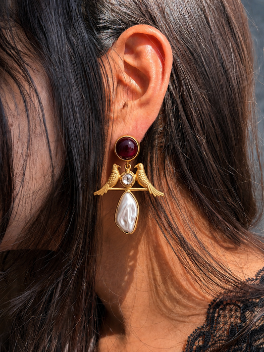Monalisa Stone Shell Pearl Golden Bird Earring