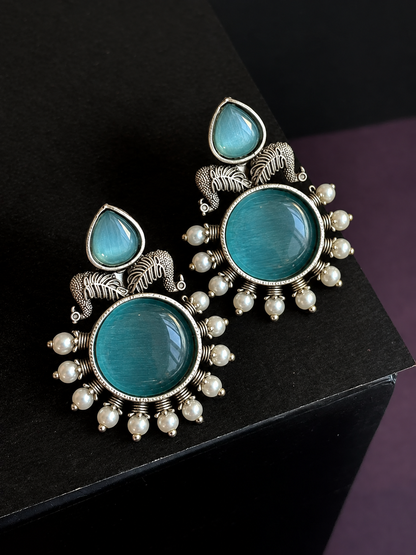 Silver Replica Big Monalisa Stone Circular Stud Earring