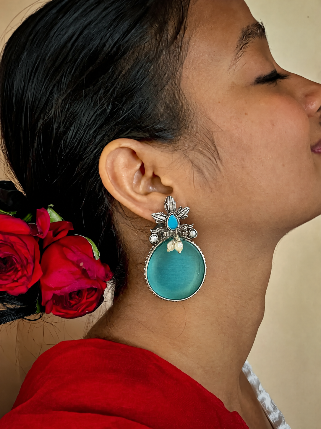 Big Circular Monalisa Stone Silver Replica Stud Earring