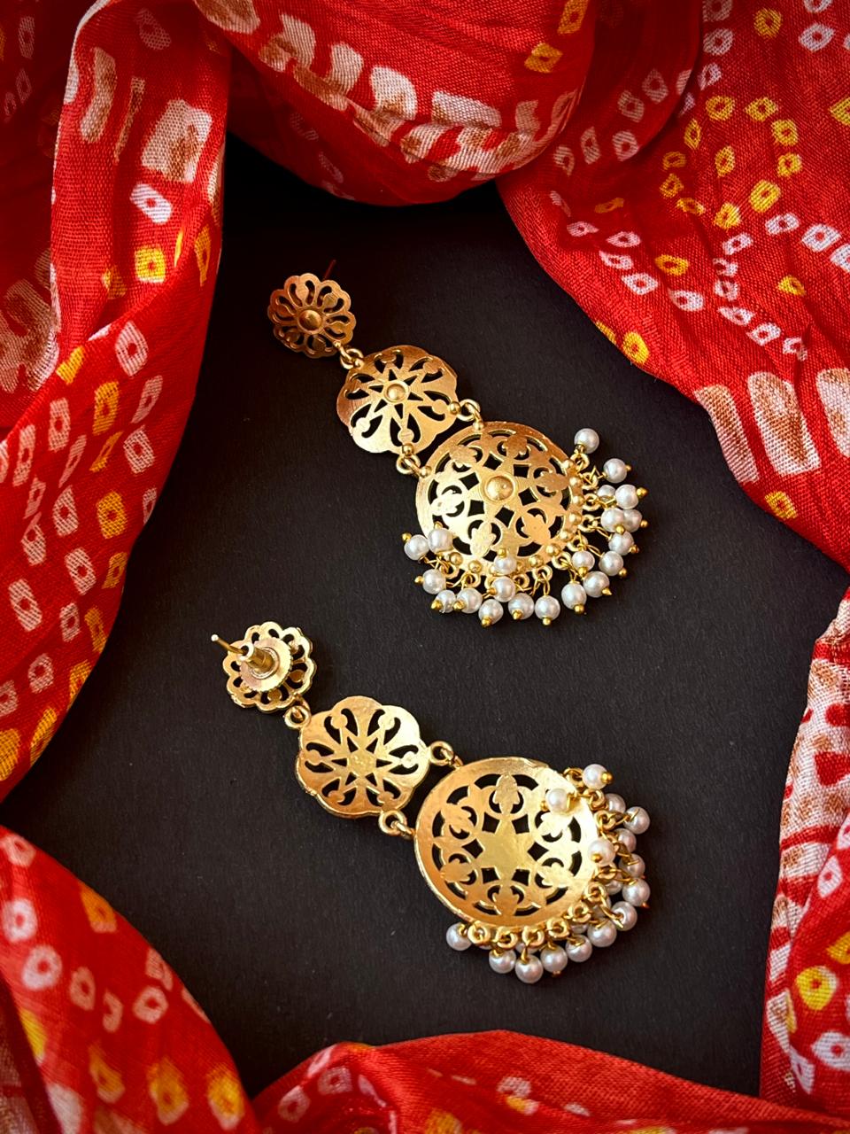 Golden Three Floral Beaded Earring