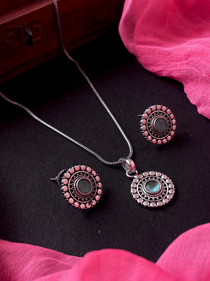 Monalisa Stone Oxidize Pendant Chain Necklace with Earring set