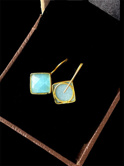 Cut Stone Square Golden Stud Earring