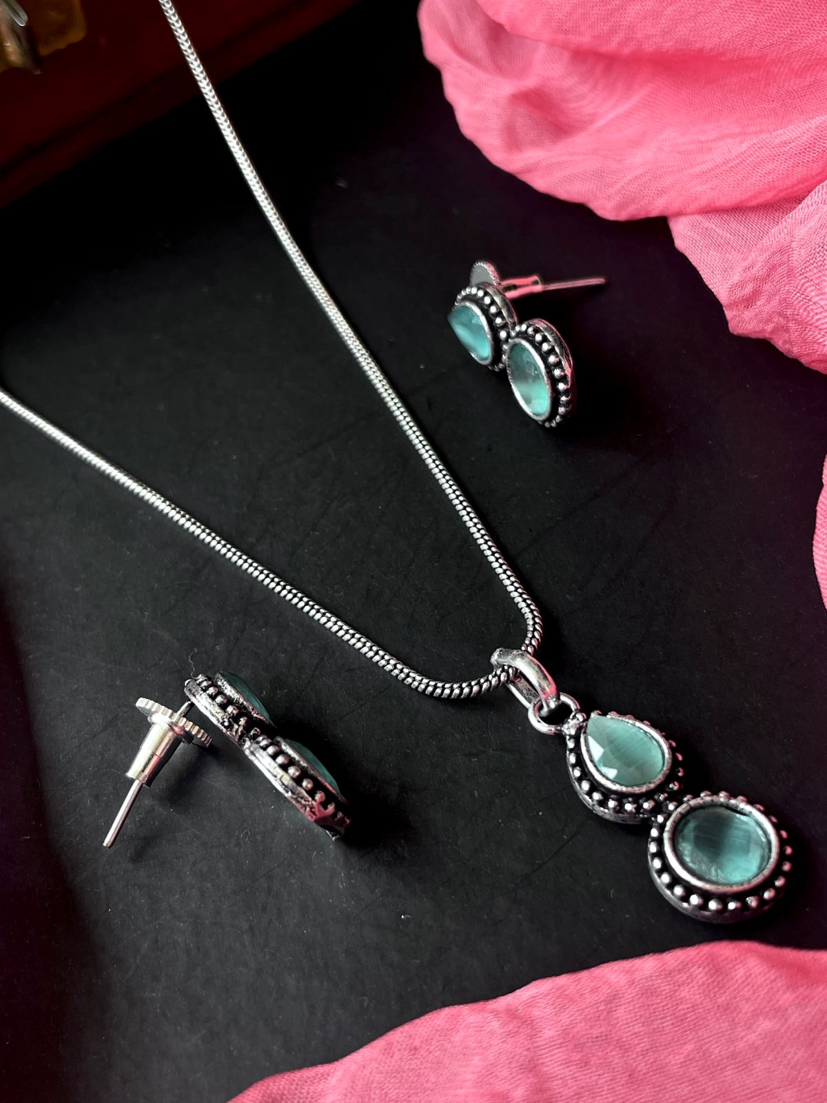 Monalisa Stone Oxidize Pendant Chain Necklace with Earring set