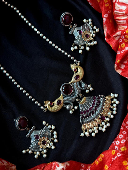 Dual Tone Peacock shape Pendant Chain Necklace with Earring set