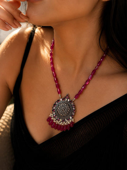Stone Beads Oxidized Pendant with Stone Baeded Mala Necklace