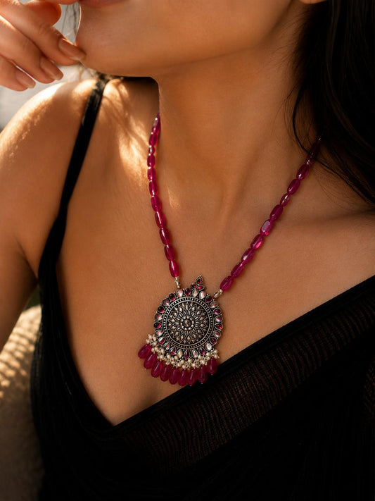 Stone Beads Oxidized Pendant with Stone Baeded Mala Necklace