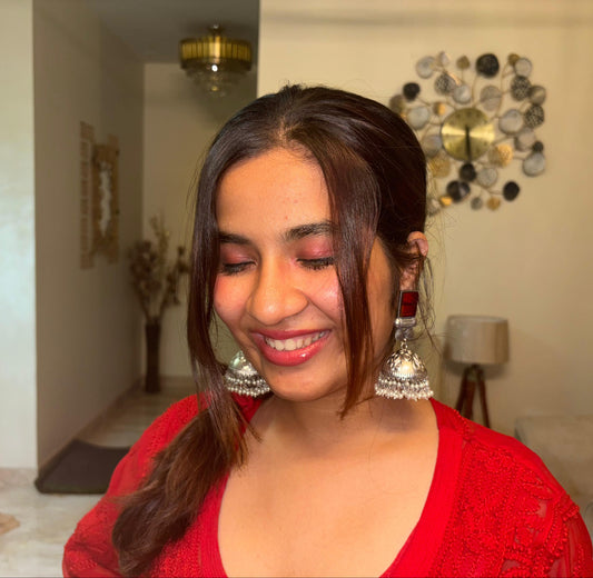 Silver Replica Big Dome Shape Jhumka with Semi precious stones