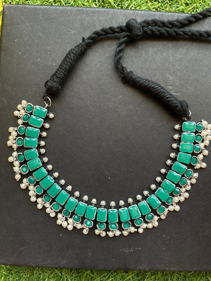 Oxidized Choker with earring set with Jade stones