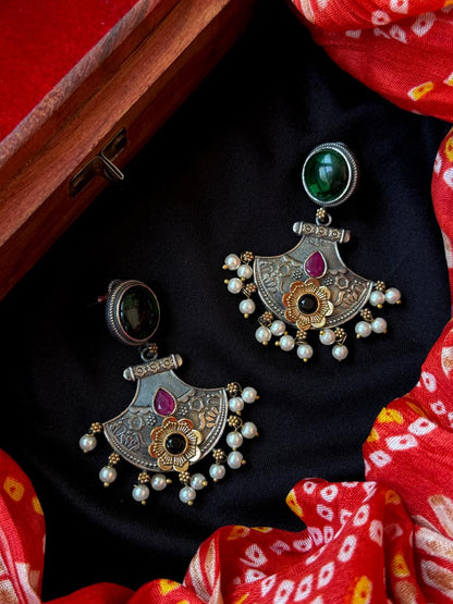 Dual Tone Peacock Pendant Chain Necklace with Earring set