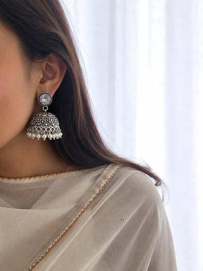 White Stone Top with Silver Replica Jhumki Earring
