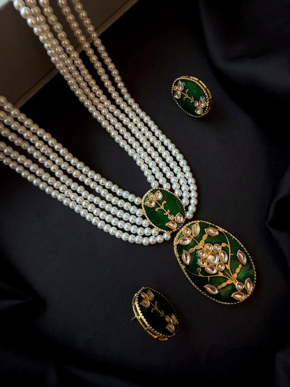 Meenakari Pendant Beaded Mala Necklace with Earring set