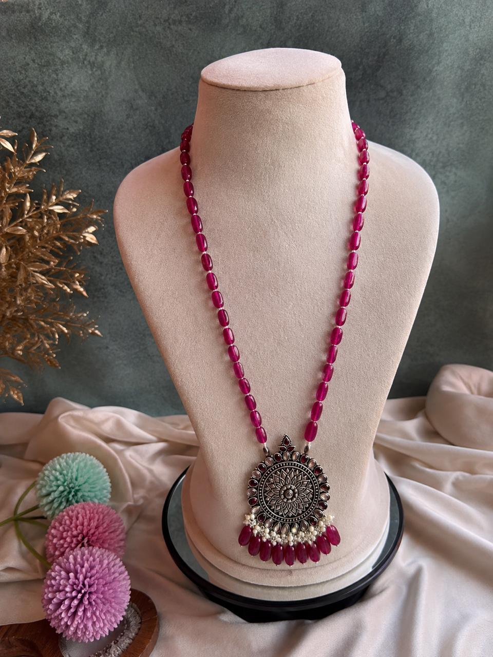 Stone Beads Oxidized Pendant with Stone Baeded Mala Necklace