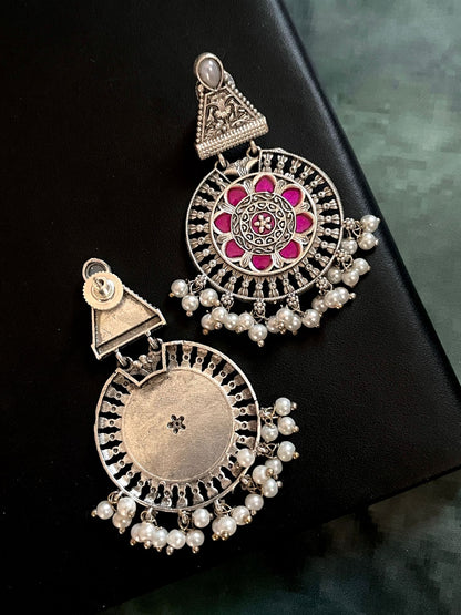 Silver Replica Oxidized Floral with Monalisa Stone Earring