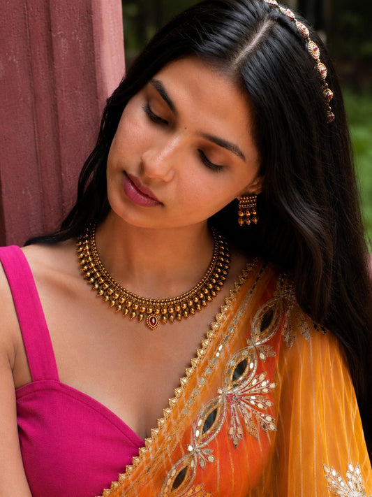 Matt Gold Finish Choker Necklace with Earring set