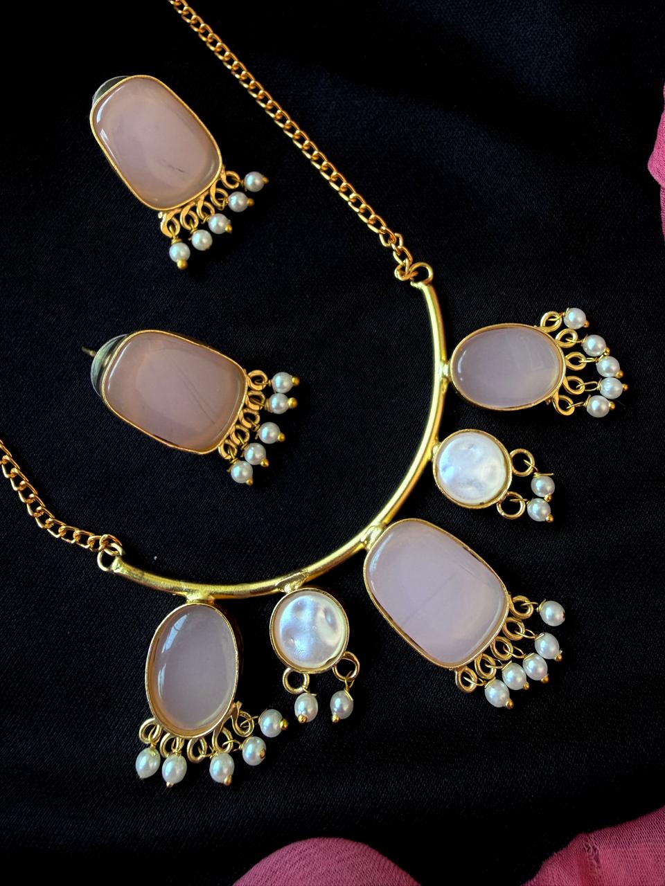 Monalisa Stone with Pearl Pendant chain Necklace and Earring set