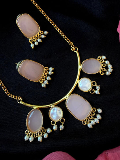 Monalisa Stone with Pearl Pendant chain Necklace and Earring set