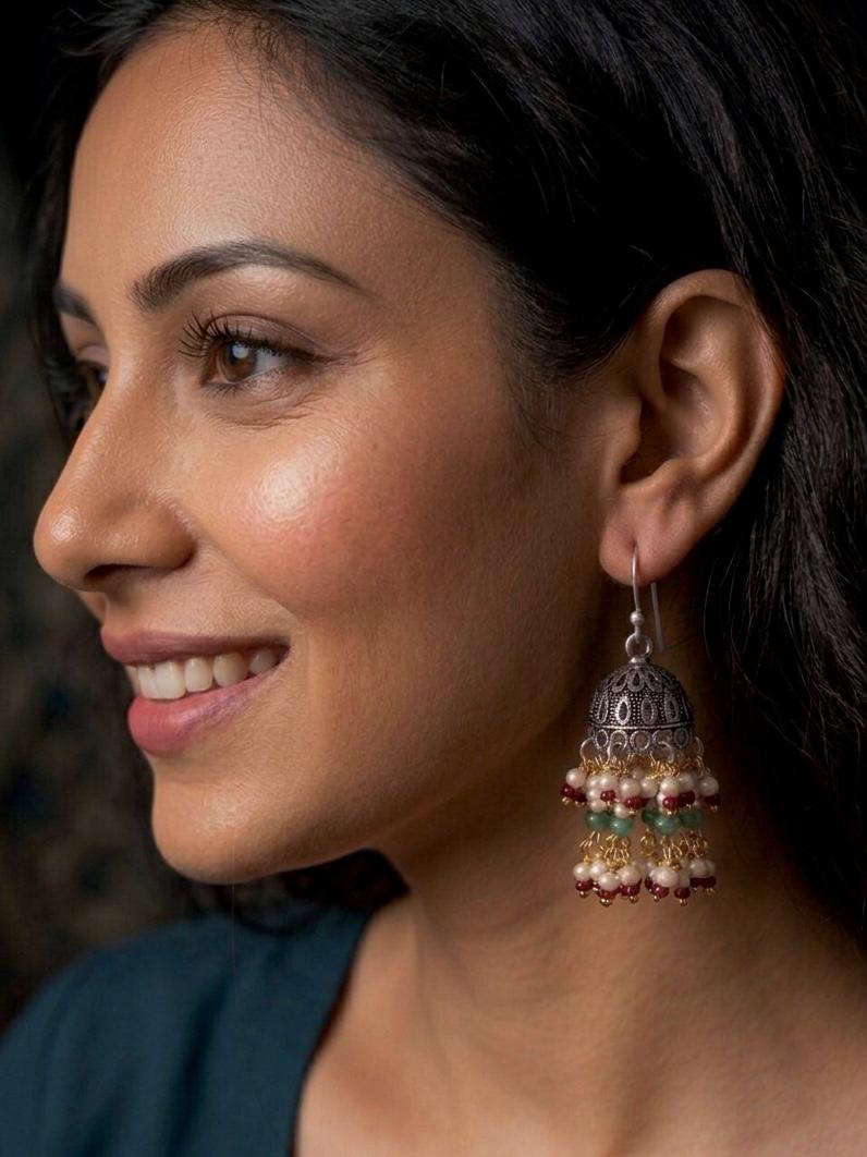 Stone Beaded Oxidized Ethnic Earring