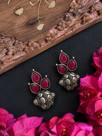 Three Monalisa Stone Half Balloon Stud Oxidized Earring