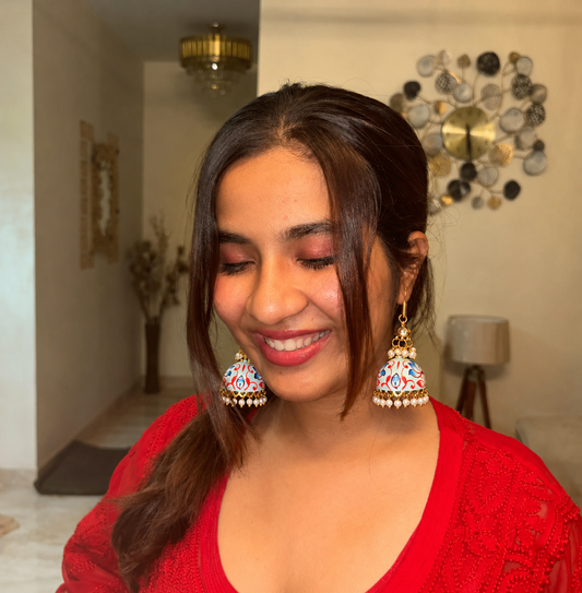Meenakai Hand Painted Jhumka with Pachi Kundan Earring
