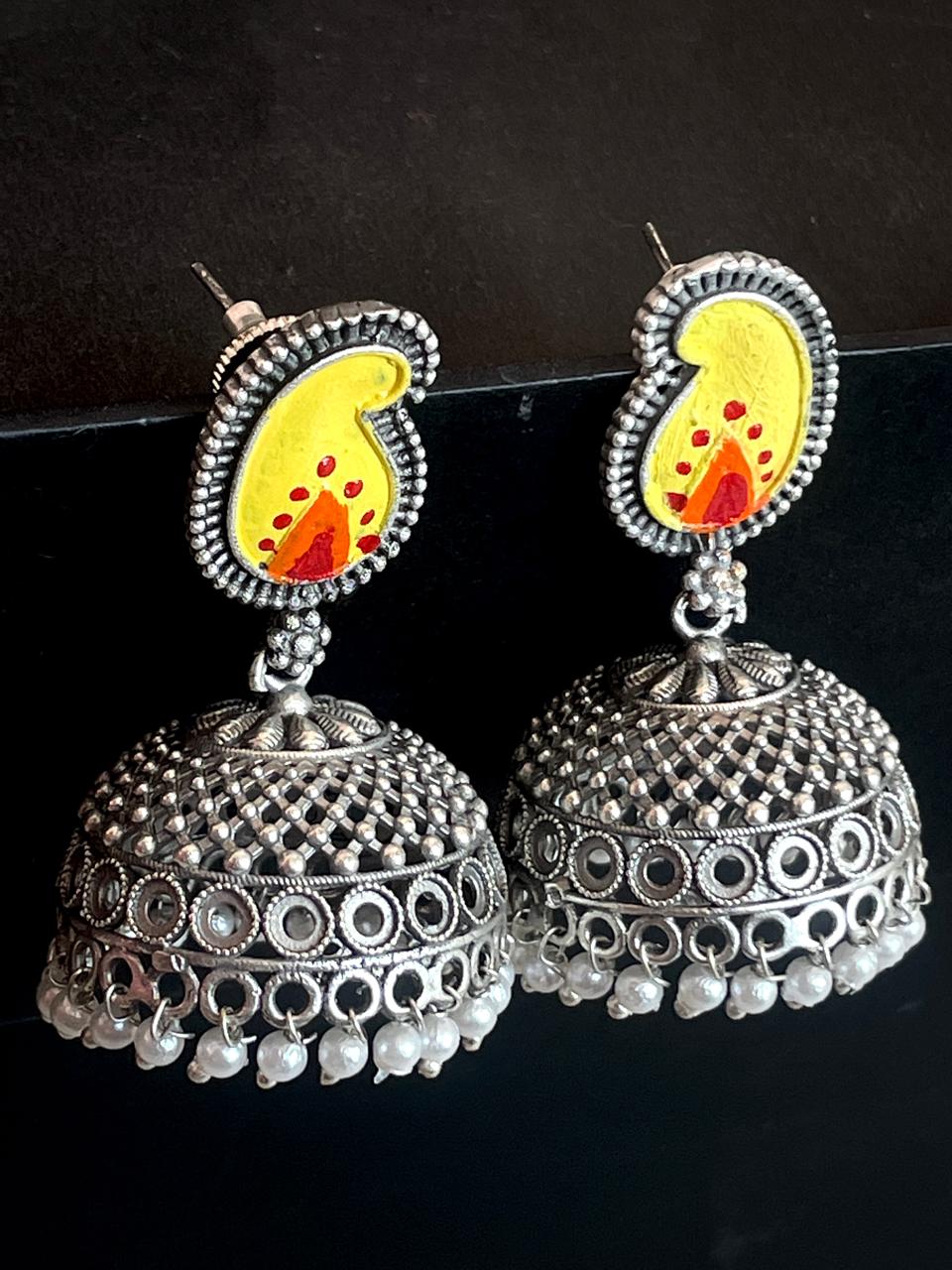 Hand Painted Top with Silver Replica Jhumka Earring