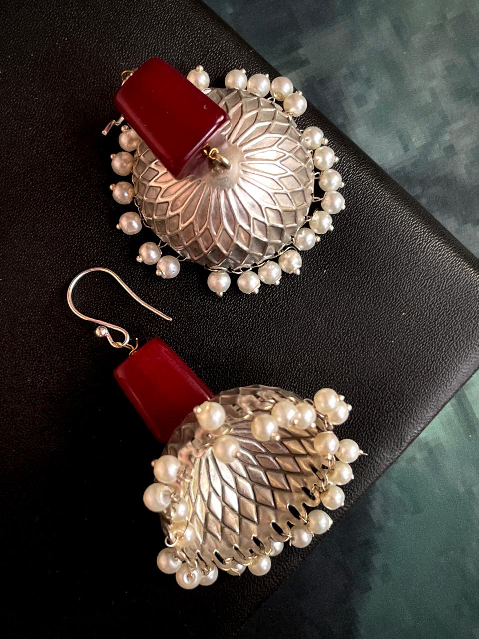 Fibre Beads and Antique Look Silver Replica Jhumka Earring