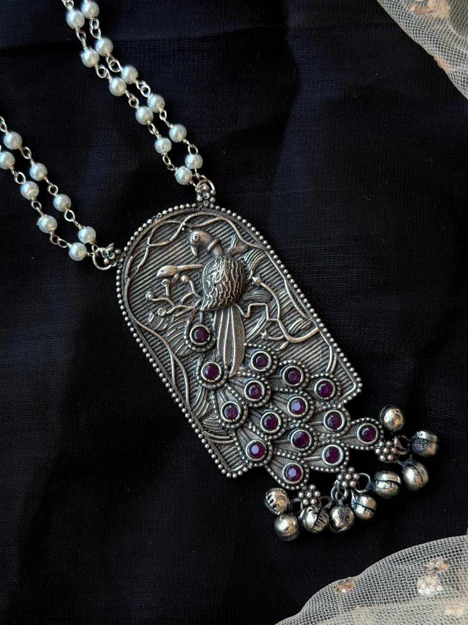 Peacock Oxidized Pendant Beaded Chain Necklace