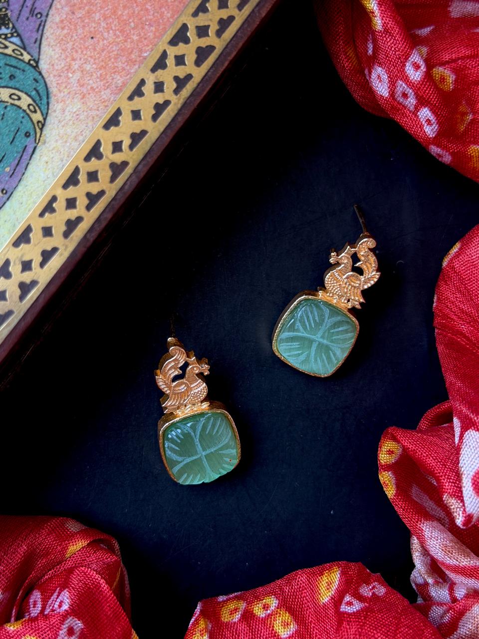 Carving Stone Golden Stud Earring