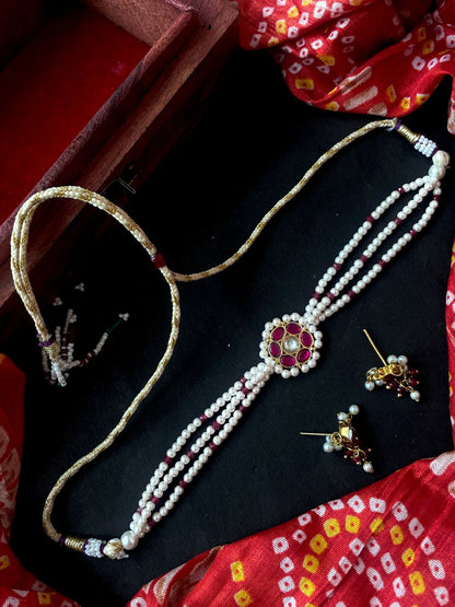 Pachi Kundan Pendant with Shell Pearl Mala Choker and Earring set