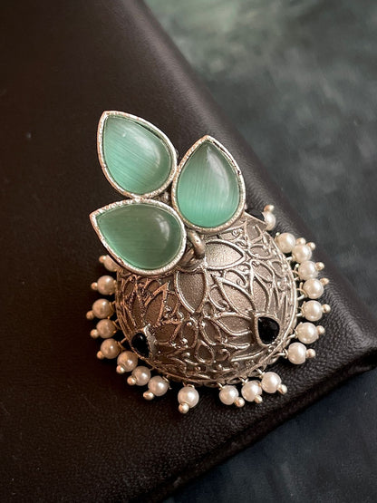 Three Monalisa Stone Leaf Top with Silver Replica Jhumki Earring