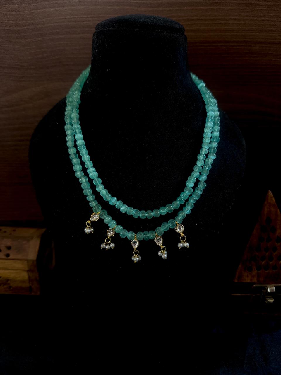 Monalisa Semi Precious Pumpkin Beaded Mala with Kundan and Earring Set