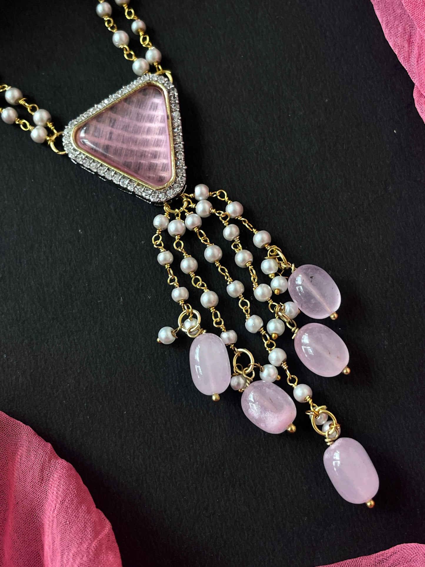 AD with Monalisa Jade Stone Beaded Pendant Beaded Mala Necklace