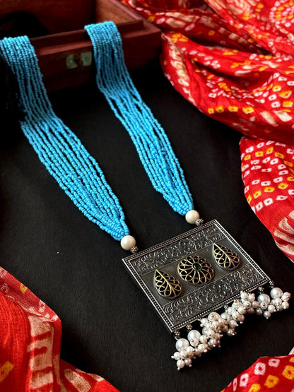 Black Polish Pendand Beaded Mala Necklace