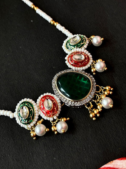 Monalisa Stone Meenakari Kundan Choker with Earring Set