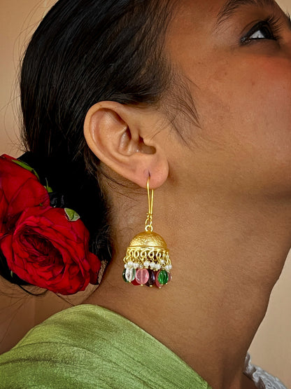 Glass Stone Beaded Golden Jhumki Earring