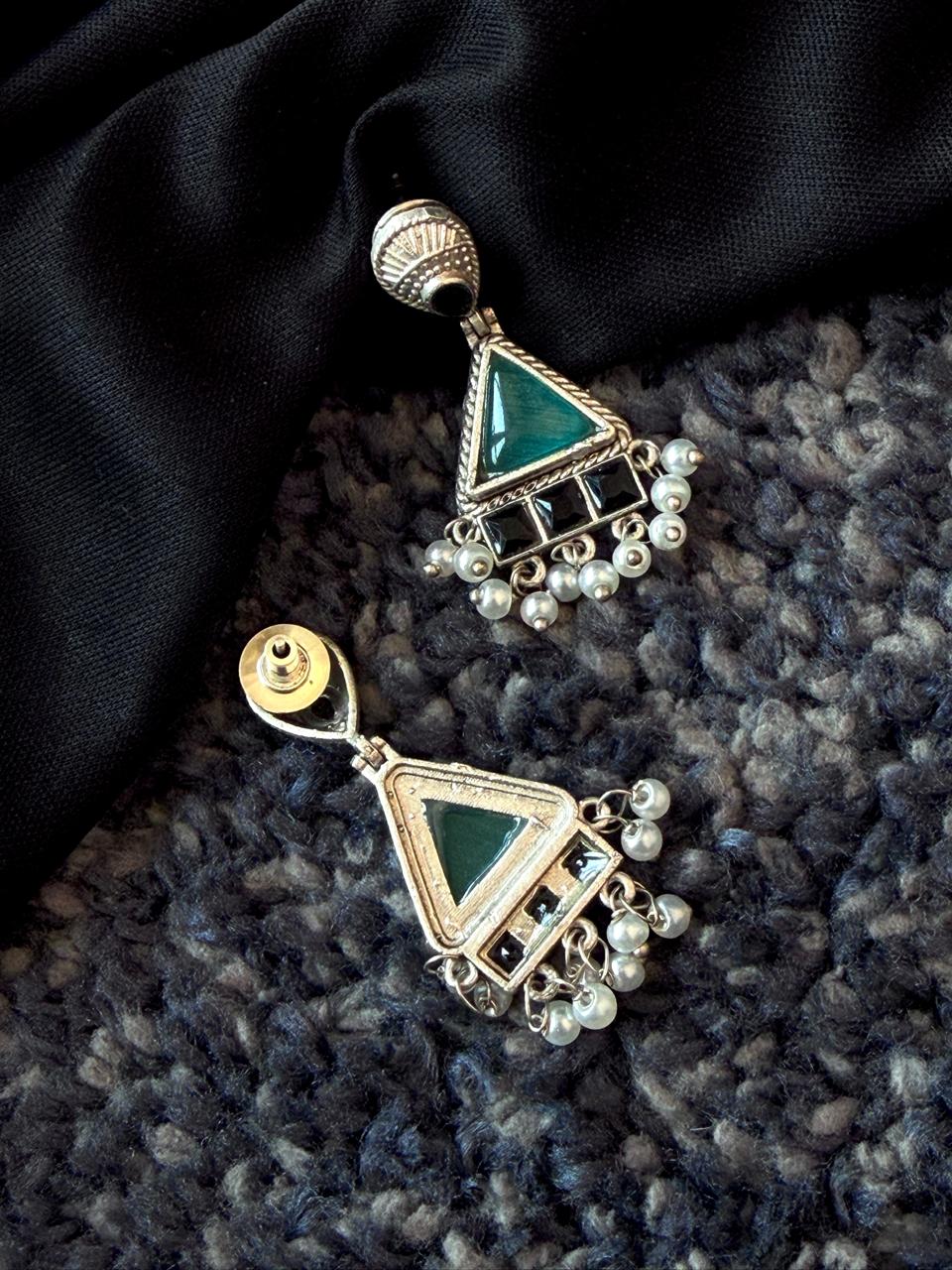 Monalisa Stone Beaded Geometrical Silver Replica Earring