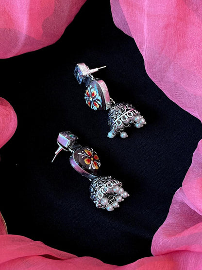 Hand Painted Monalisa Stone Top with Silver Replica Jhumki Earring