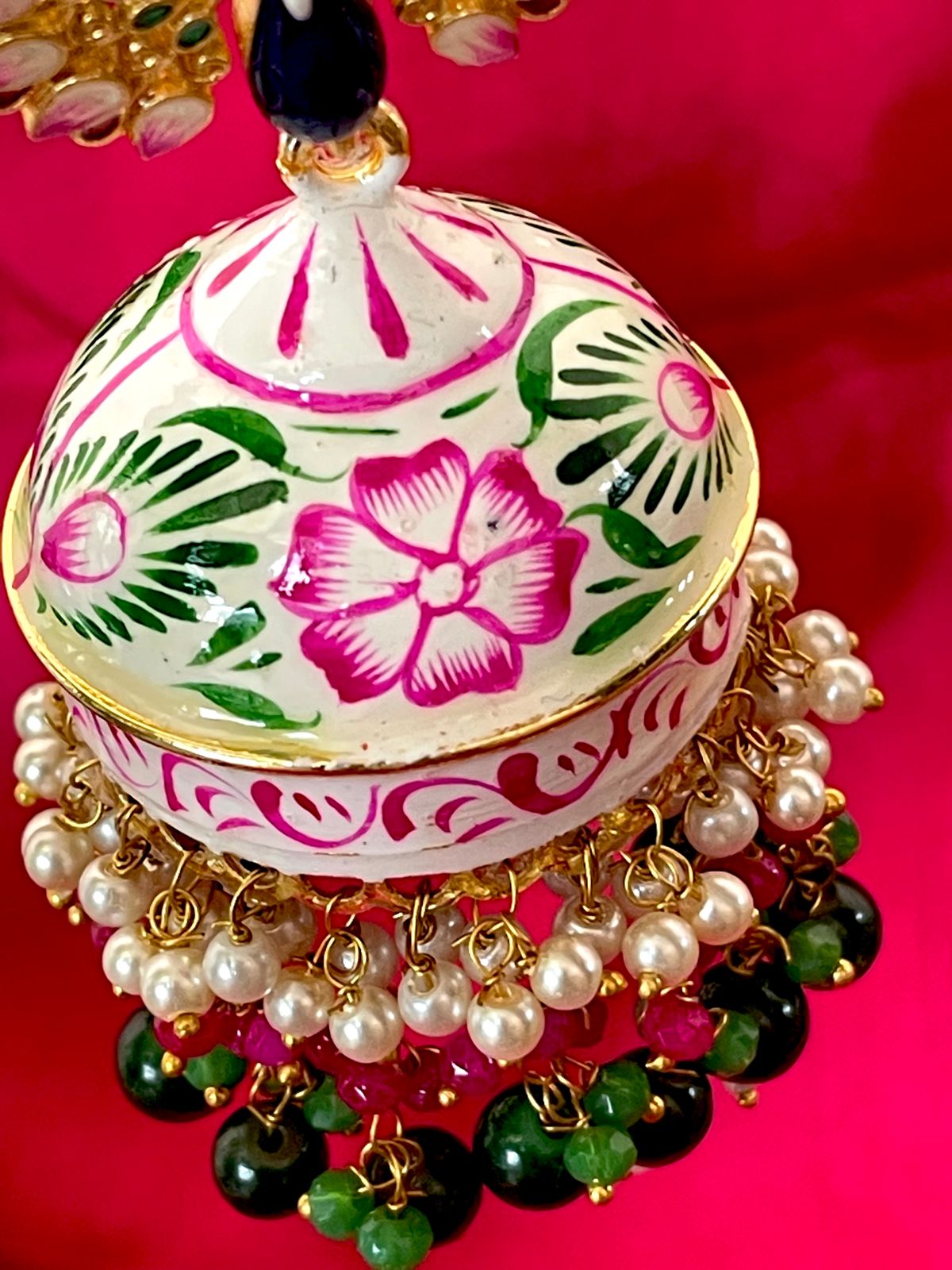 Meenakari Flower Print Big Heavy Jhumka with Peacock Top Earring