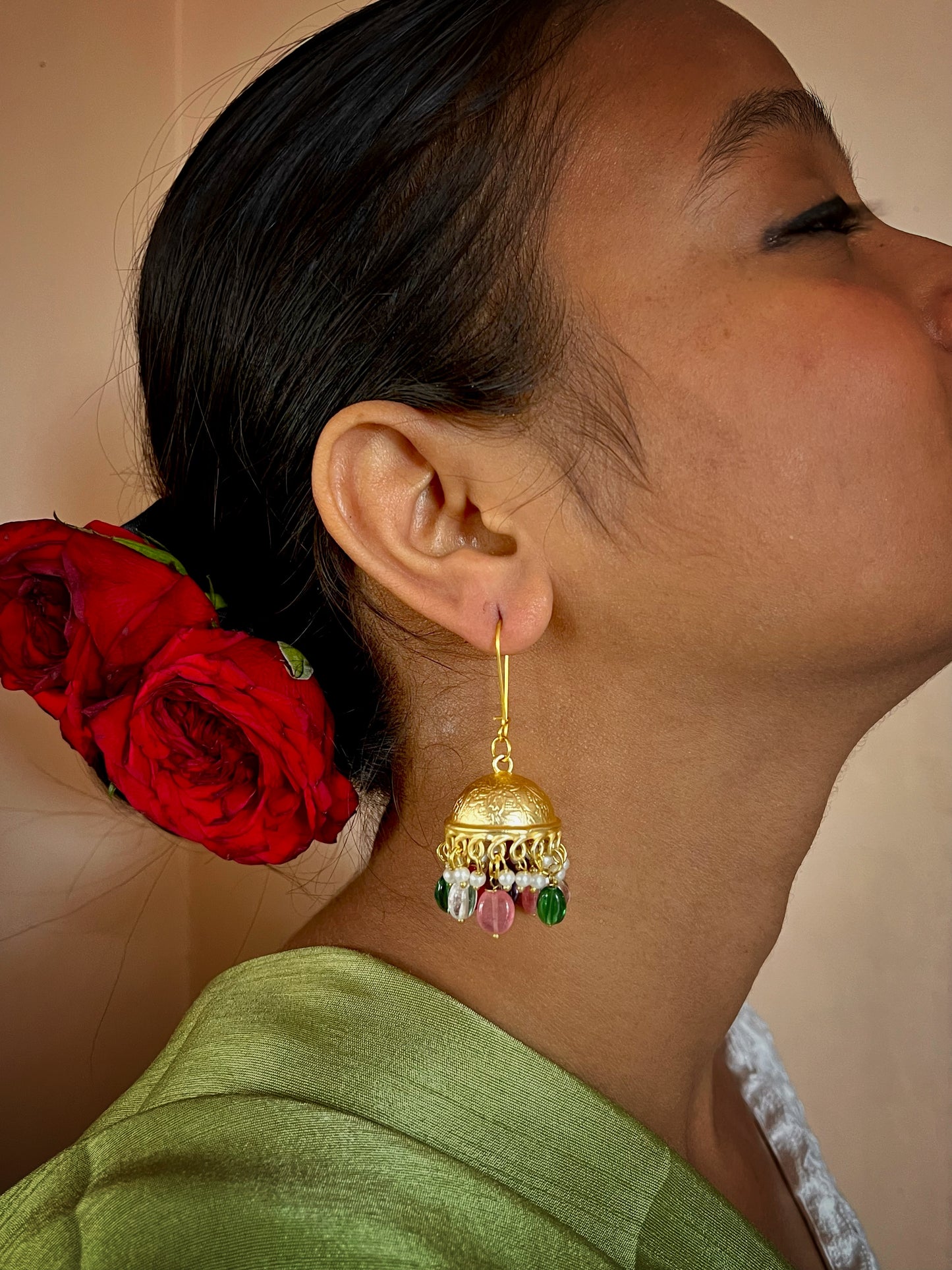 Glass Stone Beaded Golden Jhumki Earring