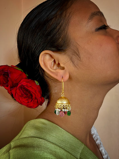 Glass Stone Beaded Golden Jhumki Earring