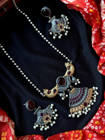 Dual Tone Peacock shape Pendant Chain Necklace with Earring set