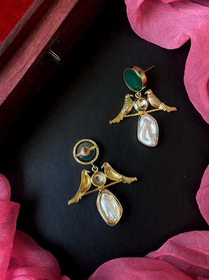 Monalisa Stone Shell Pearl Golden Bird Earring