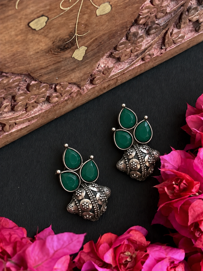 Three Monalisa Stone Half Balloon Stud Oxidized Earring