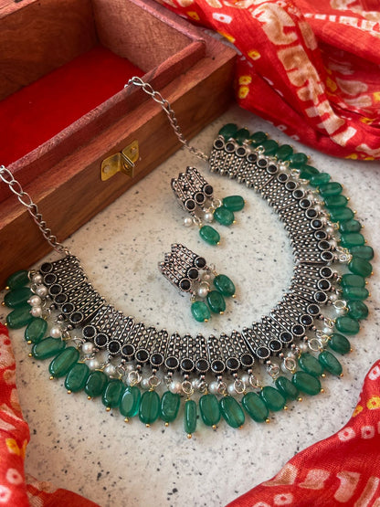 Jade Stone with Cheer Oxidized Choker Necklace with Earring Set