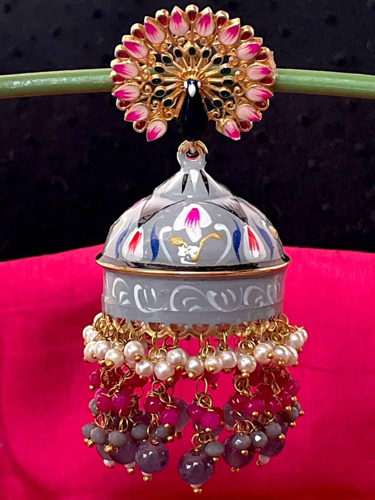 Meenakari Flower Print Big Heavy Jhumka with Peacock Top Earring