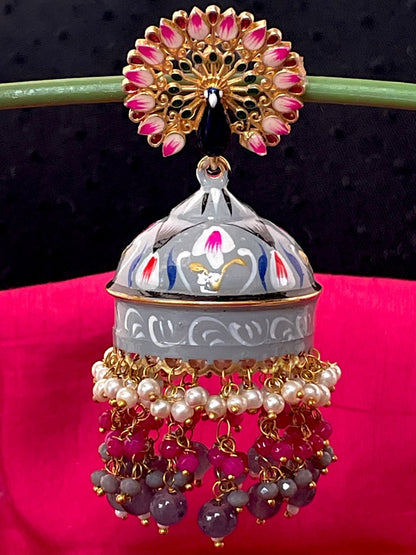 Meenakari Flower Print Big Heavy Jhumka with Peacock Top Earring