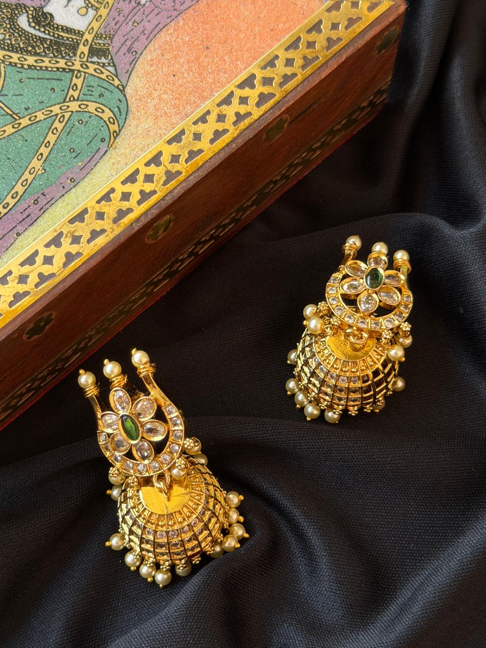 AD Stone Matt Finish Golden Temple Earring