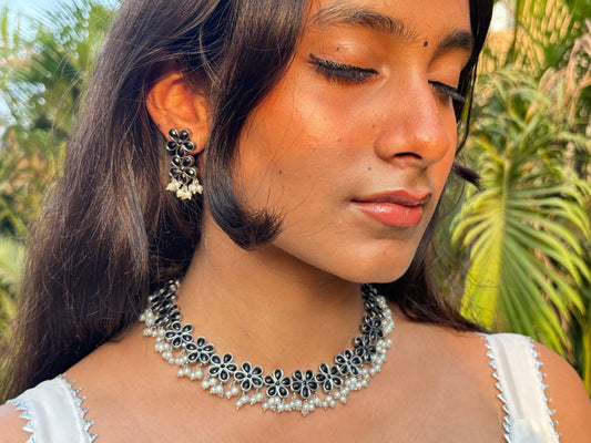 Oxidized Party Wear Choker with Earring set with heavy Stone Work