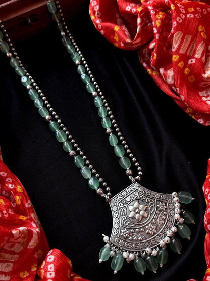 Stone Beaded Layered Oxidized Pendant Chain Necklace with Earring set