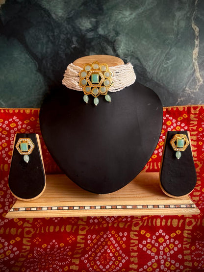 Monalisa Stone Golden Choker with Earring Set