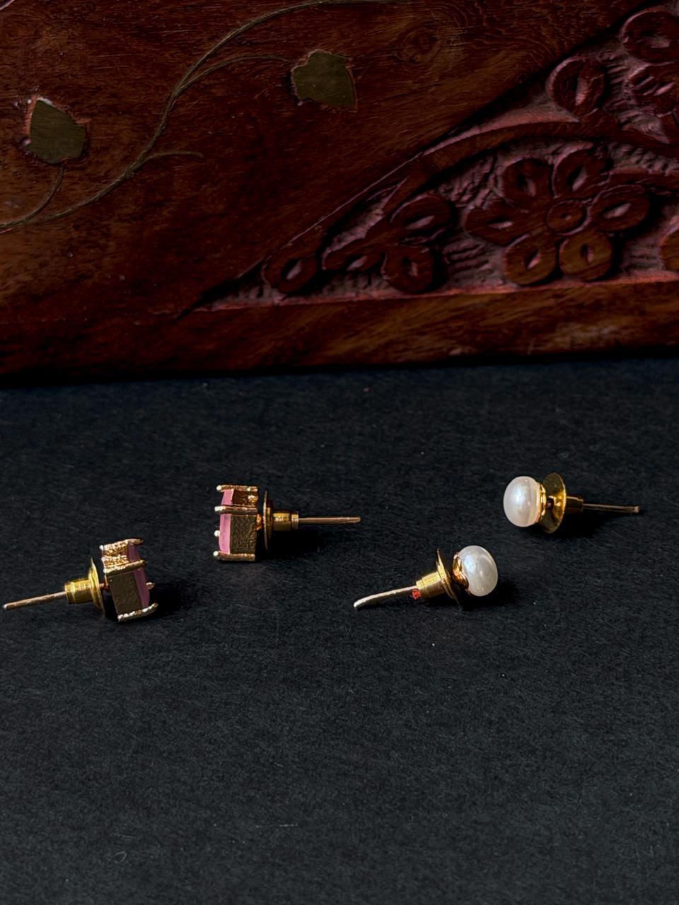 Monalisa Stone Reactangular Golden Earring with Pearl Earring Combo set